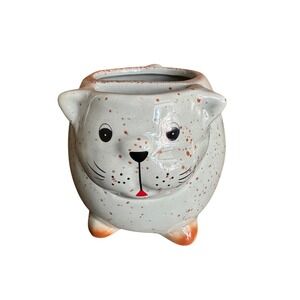 Ceramic Cat Planter Mug Light Green Speckled Glossy Dual Compartment Feline Pot